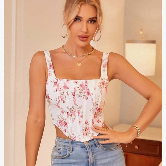 KUTUMAI Women's Summer Floral Corset Crop Top Strap Boned Bustier Zip Back - Picture 2 of 10